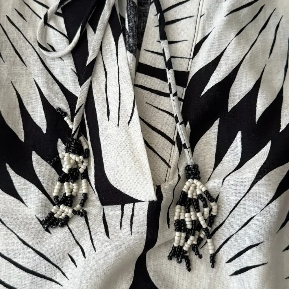 Rachel Zoe Black White Linen Blend Puff Sleeve Boho Blouse Top Womens Sz XS NWOT